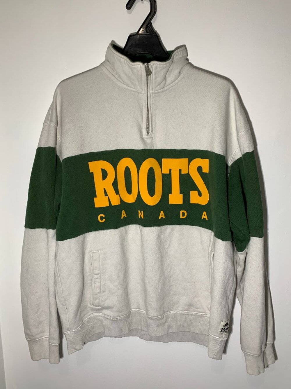 Roots Canada 1/4 Zip Sweatshirt Men Medium Green White Vintage Logo Pullover